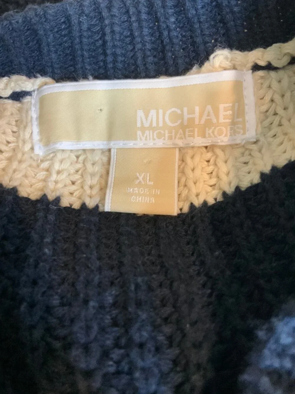 Michael Kors Navy Blue & Cream Stripe V-Neck Shift Sweater Dress, Size XL